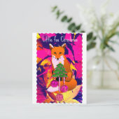 Little Fox Christmas retro fuchsia briefkaart (Staand voorkant)
