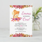 Little Fox Floral 1er Anniversaire Fête Invitation (Debout devant)