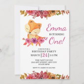 Little Fox Floral 1er Anniversaire Fête Invitation (Devant)