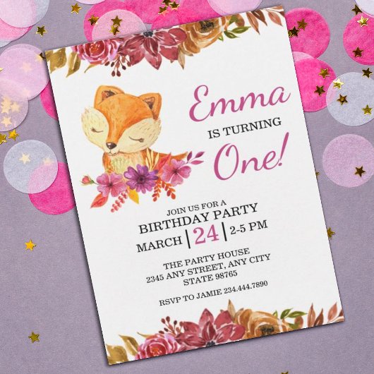Little Fox Floral 1er Anniversaire Fête Invitation