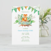 Little Fox Forest Watercolor 1e verjaardagsfeestje Kaart (Staand voorkant)