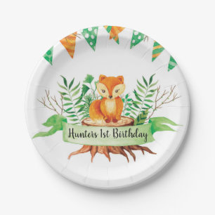 Little Fox Forest Watercolor Verjaardagsfeestje Cu Papieren Bordje