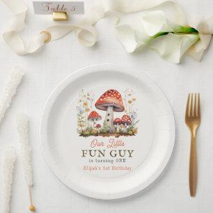 Little Fun Guy Mushroom Floral Boy Verjaardag Papieren Bordje