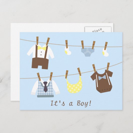 Little Gentleman Baby Boy Clothesline Aankondigingskaart (Voorkant / Achterkant)