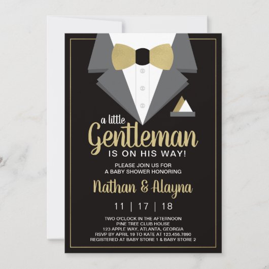 Little Gentleman Baby shower Invitation, Tuxedo Kaart (Voorkant)