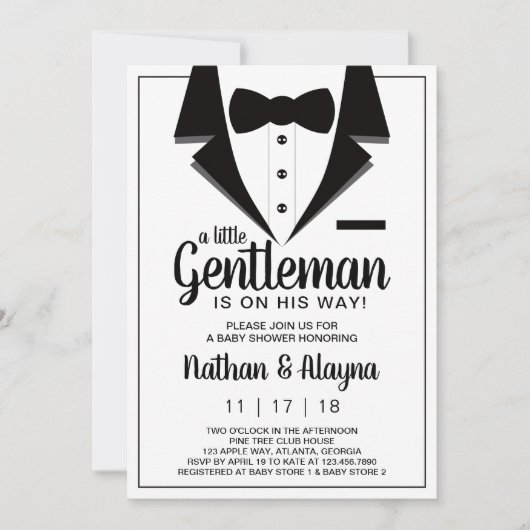 Little Gentleman Baby shower Invitation, Tuxedo Kaart (Voorkant)