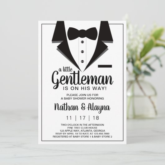 Little Gentleman Baby shower Invitation, Tuxedo Kaart (Staand voorkant)