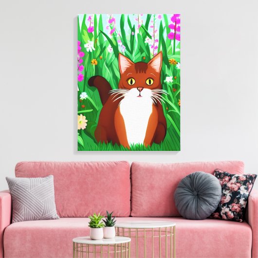 Little Ginger Brown Kat in een bloemenveld Canvas Afdruk (Insitu (Woonkamer))