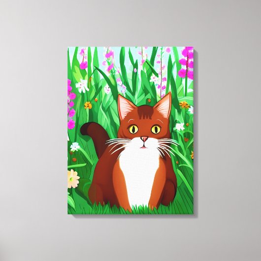 Little Ginger Brown Kat in een bloemenveld Canvas Afdruk (Voorkant)