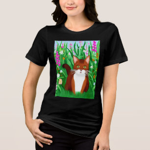 Little Ginger Brown Kat in een bloemenveld Tri-Blend Shirt