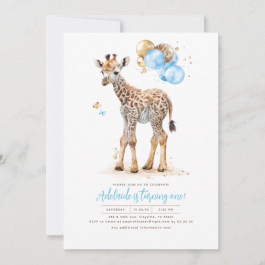 Little Giraffe Blue en Brown Boho Birthday Kaart (Voorkant)