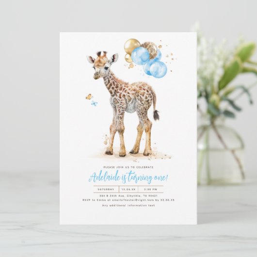 Little Giraffe Blue en Brown Boho Birthday Kaart (Staand voorkant)
