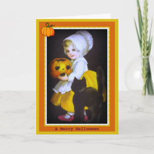 Little Girl and Black Cat Halloween Kaart