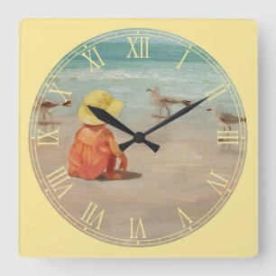 Little Girl at the Beach Fine Art Roman Numeral Vierkante Klok
