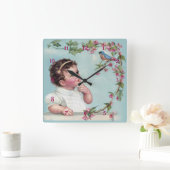 Little Girl en Blue Bird Vierkante Klok (Huis)