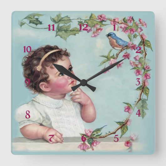 Little Girl en Blue Bird Vierkante Klok (Voorkant)