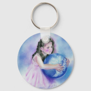 Little Girl Holding Wereldbol Earth Sleutelhanger