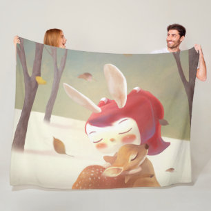 Little Girl Hugging Deer Fleece Deken