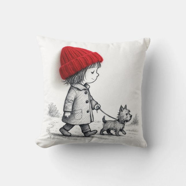 Little Girl In 3-D Red Hat Walking Her Dog Kussen (Voorkant)