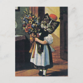 Little Girl Kitten met bloemen Briefkaart