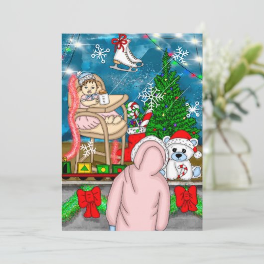 Little Girl met Teddy Bear en Kerstmis Window (Staand voorkant)