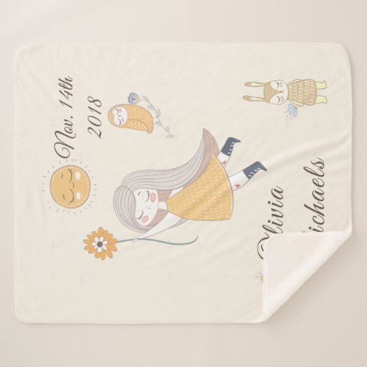 Little Girl Owl Rabbit Personalized Date and Name Sherpa Deken (Voorkant (horizontaal))