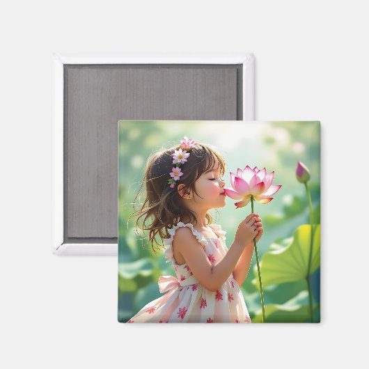Little Girl Smelling a Pink Rose Personalized Magneet (Voorkant / Achterkant)