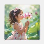 Little Girl Smelling a Pink Rose Personalized Magneet (Voorkant)