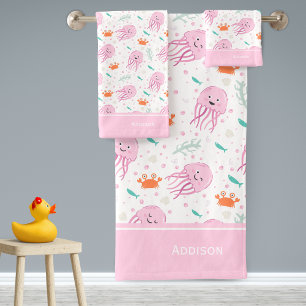 Little Girls Pink Ocean Jellyfish and Crab Pattern Bad Handdoek