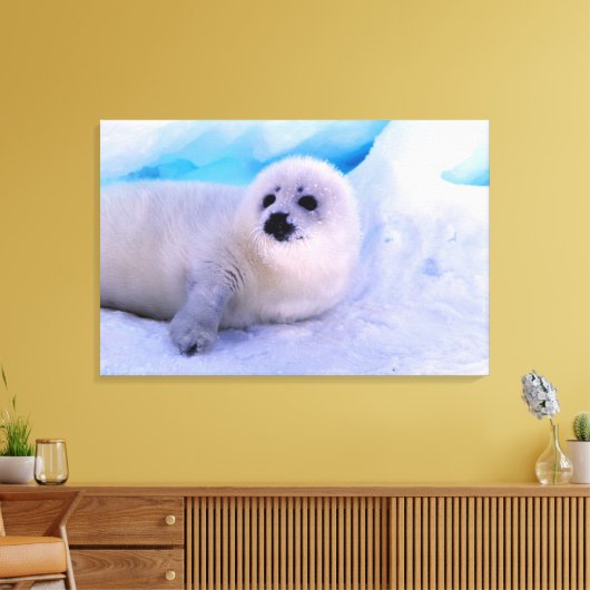 Little Harp Seal Pup bekleed in Snowflakes Canvas Afdruk (Insitu (Woonkamer))