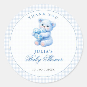 Little Heart Blauwe Gingham Teddybeer Baby Shower Ronde Sticker