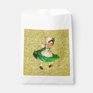 Little Irish Girl in Green Dress Gold Faux Glitter Bedankzakje