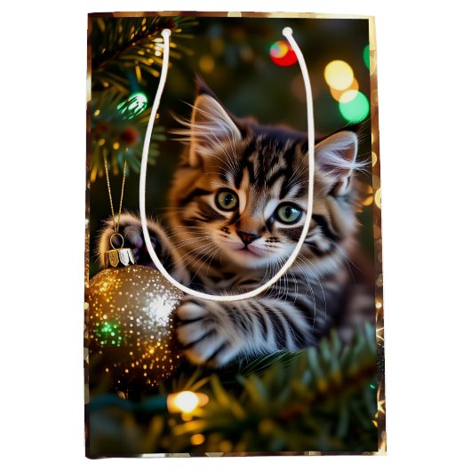 Little Kitten on Christmas Tree Medium Cadeauzakje (Voorkant)