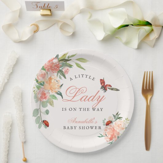 Little Lady Ladybug Roses Girl Baby Shower Papieren Bordje (Huwelijk)