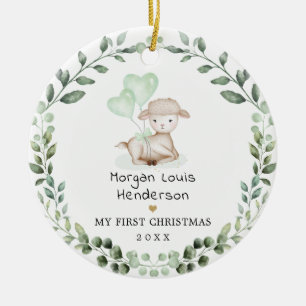 Little Lamb Greenery Wreaty Baby First Kerstmis Keramisch Ornament