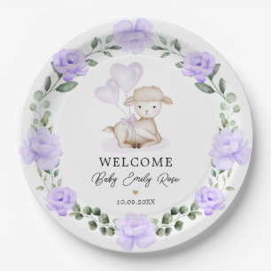Little Lamb Paars Floral Greenery Welcome Baby Papieren Bordje
