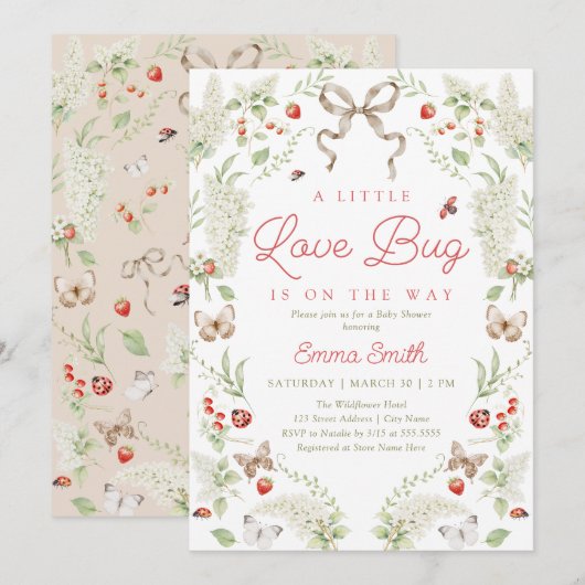 Little Love Bug Floral Bow Baby Shower Invitation (Devant / Derrière)