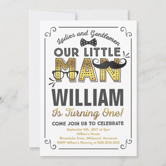 Little Man 1st Birthday Invitation Mustache Party Kaart (Voorkant)