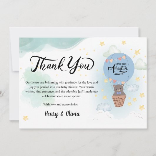 Little man Adventure wacht op baby shower Bedankkaart (Voorkant)