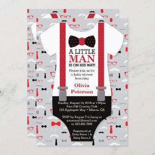 Little Man Baby shower Invitation, Black, Red Kaart