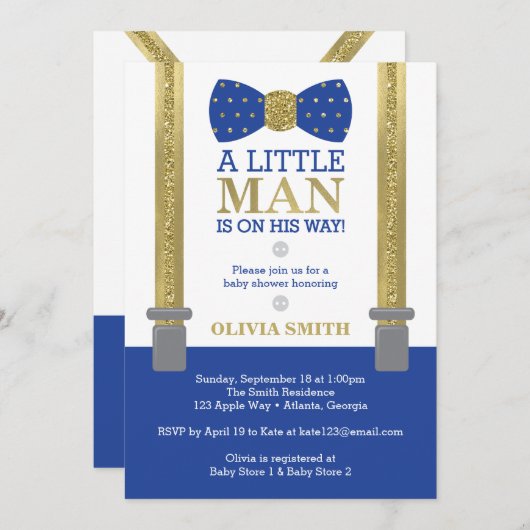 Little Man Baby shower Invitation, Blauw, Faux Gol Kaart (Voorkant / Achterkant)