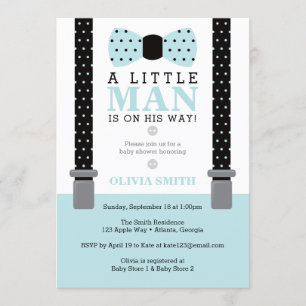 Little Man Baby shower Invitation, blauw, zwart Kaart