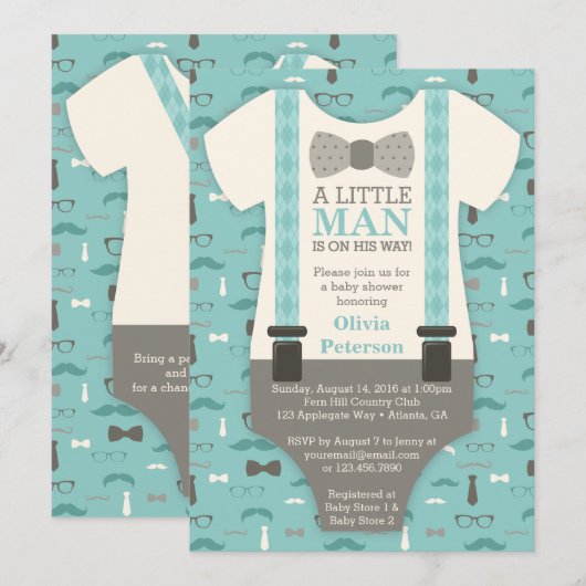 Little Man Baby shower Invitation, Blauwgroen, Tan Kaart (Voorkant / Achterkant)