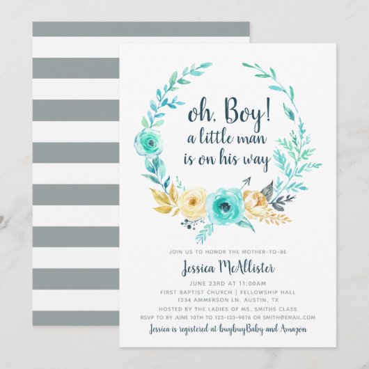Little Man Baby shower Invitation Carte Turquoise (Devant / Derrière)