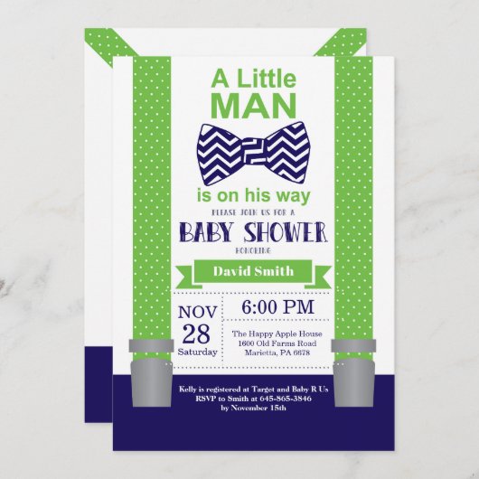 Little Man Baby shower Invitation Navy Blue Green Kaart (Voorkant / Achterkant)