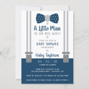 Little Man Baby shower Invitation, Navy Blue, Grey Kaart