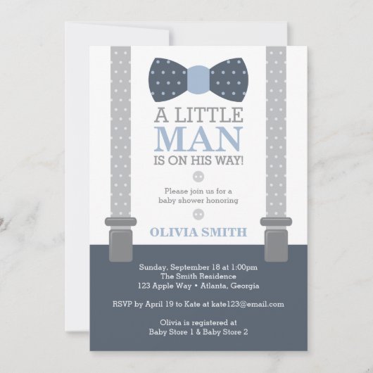 Little Man Baby shower Invitation, Navy Blue, Grey Kaart (Voorkant)