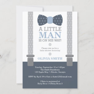 Little Man Baby shower Invitation, Navy Blue, Grey Kaart