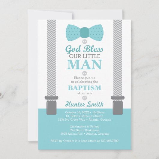 Little Man Baptism Invitation, Aqua, Grey Kaart (Voorkant)