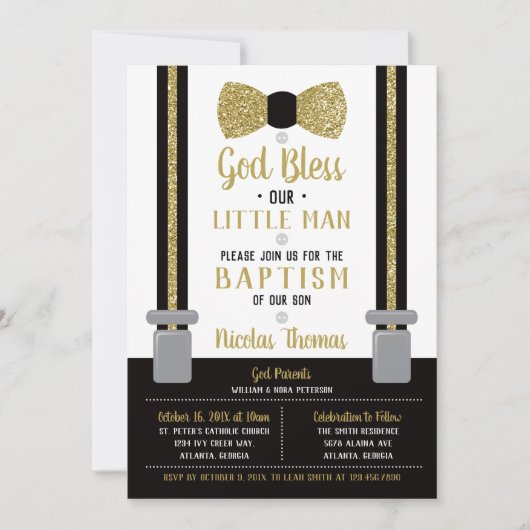 Little Man Baptism Invitation, Black, Gold Kaart (Voorkant)
